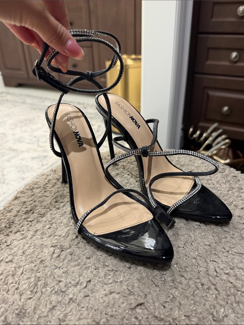 Fashion Nova Black Rhinestone Ankle-Strap Stiletto Heels